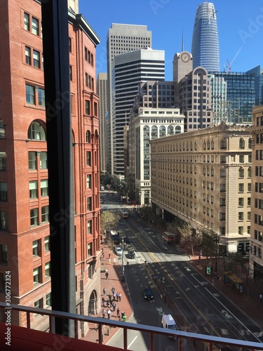Sunny Market street skyscrapers from above, San Francisco, California, USA 