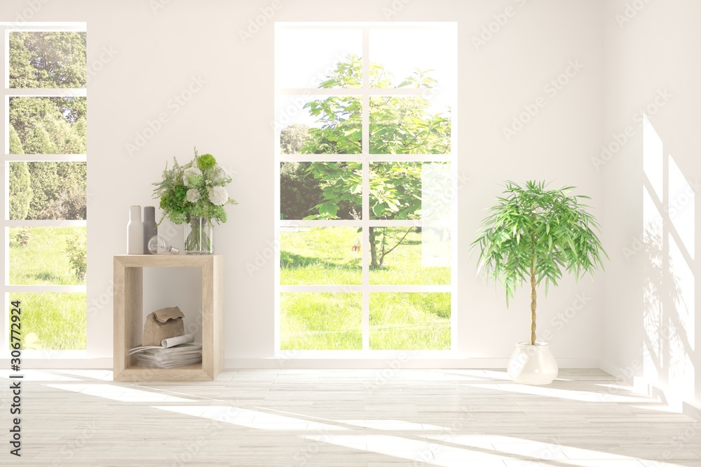 Fototapeta premium Stylish empty room in white color with summer landscape in window. Scandinavian interior design. 3D illustration