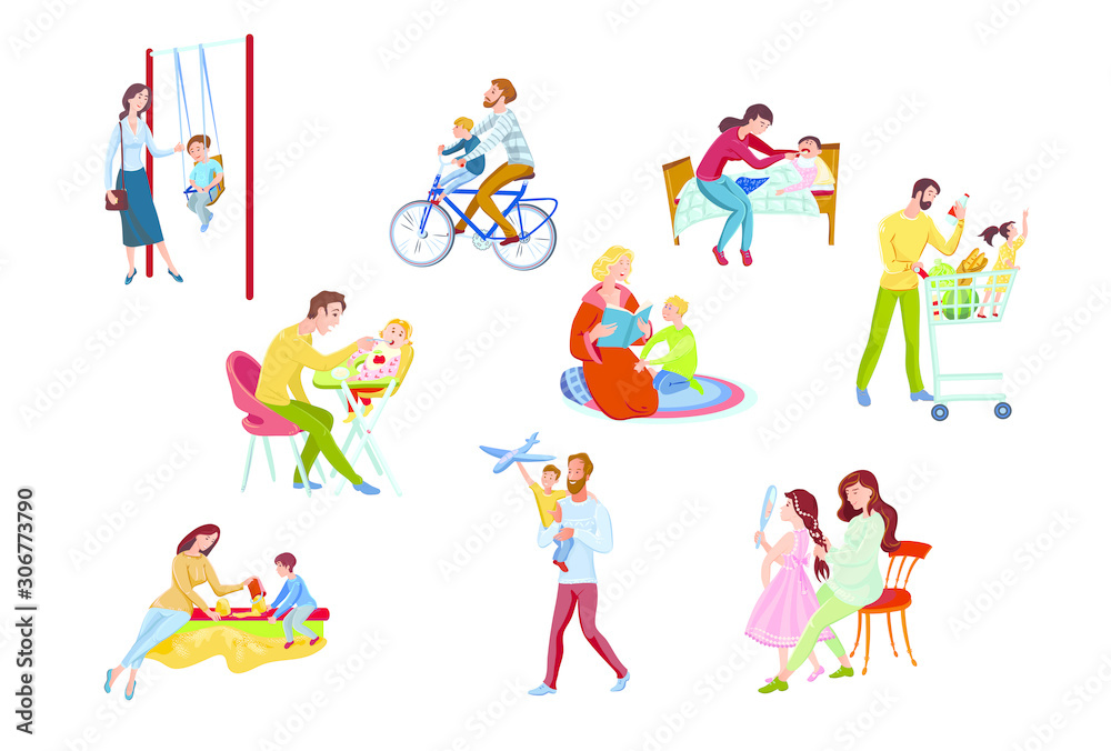 Set of happy parents and children spend time together. Vector illustration in flat cartoon style.