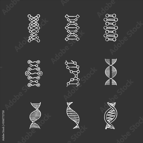 DNA double helix chalk icons set. Deoxyribonucleic, nucleic acid. Spiraling strands. Chromosome. Molecular biology. Genetic code. Genome. Genetics. Medicine. Isolated vector chalkboard illustrations