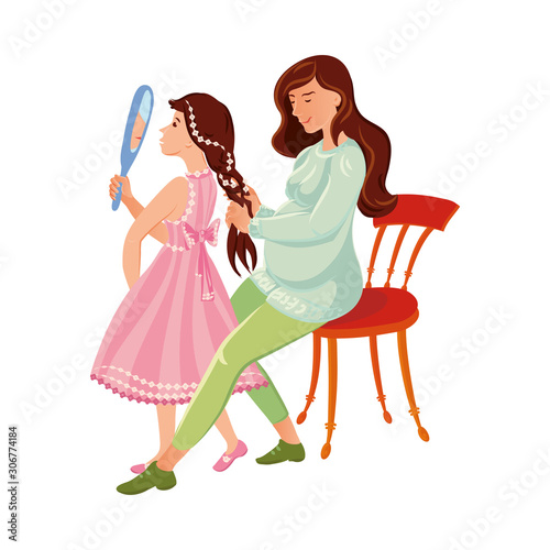 The pregnant mother combs her daughter s hair. Vector illustration in flat cartoon style.