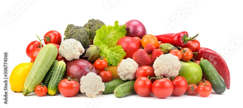 Fresh ripe healthy fruits and vegetables isolated on white