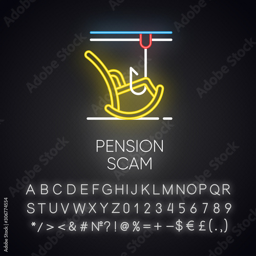 Pension scam neon light icon. Retirement savings theft. Fake annuity investment offer. Crime against elderly. Phishing. Glowing sign with alphabet, numbers and symbols. Vector isolated illustration