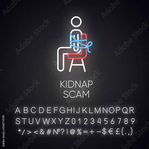 Kidnap scam neon light icon. Virtual kidnapping. Ransom money request. Blackmailing. Family emergency scam. Glowing sign with alphabet, numbers and symbols. Vector isolated illustration