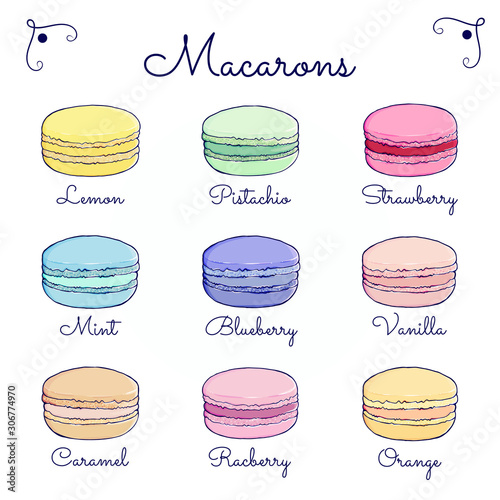 Fotografie, Obraz Set of colorful macarons with names of fillings