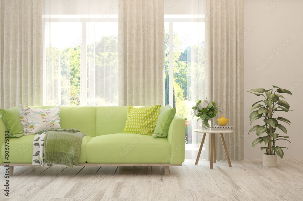 Stylish room in white color with sofa and summer landscape in window. Scandinavian interior design. 3D illustration Stylish room in white color with sofa and summer landscape in window. Scandinavian interior design. 3D illustration