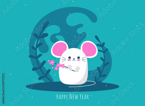 Happy New Year 2020. Chinese New Year. The year of the rat. Very merry mouse and snowflake. Vector illustration