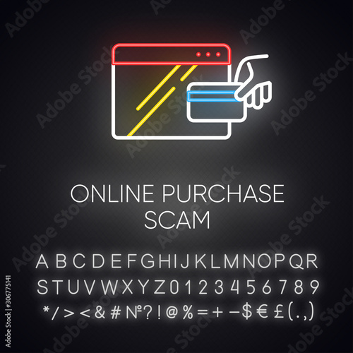 Online purchase scam neon light icon. Internet shopping, consumer fraud. Fake retailer website. Cybercrime. Phishing. Glowing sign with alphabet, numbers and symbols. Vector isolated illustration