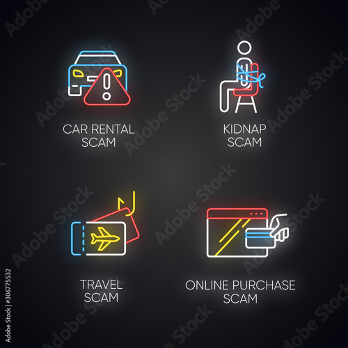 Scam types neon light icons set. Car rental, online purchase fraudulent scheme. Kidnap, travel trick. Cybercrime. Financial scamming. Illegal money gain. Glowing signs. Vector isolated illustrations