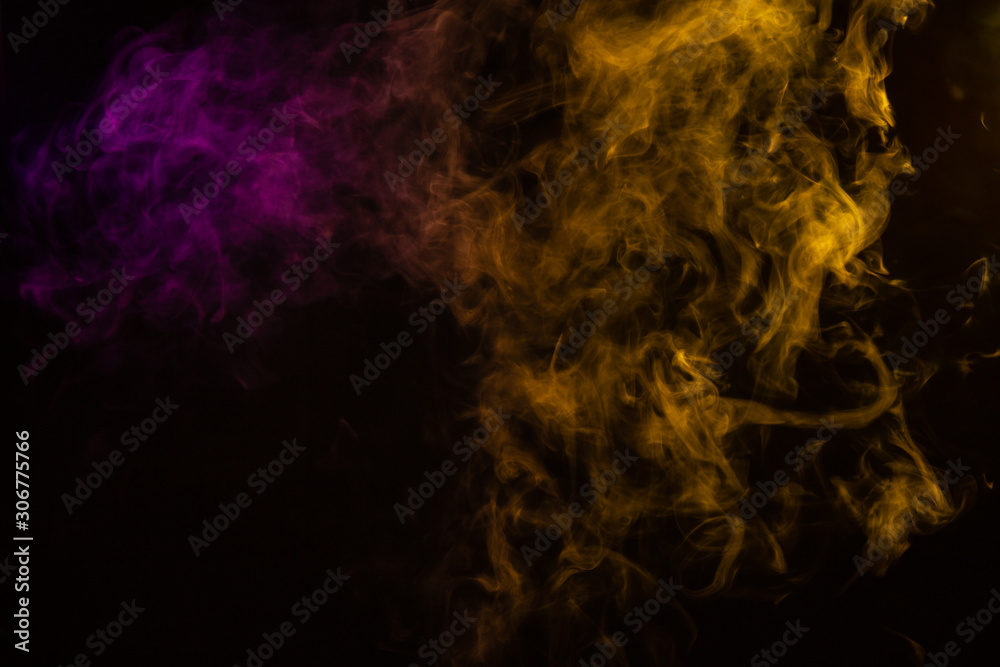 Purple and Yellow whispy smoke overlay on black background with room for text Purple and Yellow whispy smoke overlay on black background with room for text