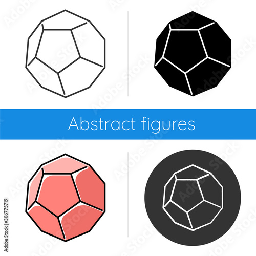 Dodecahedron icon. Geometric figure with hexagon base. Decorative element. Ruby crystal. Flat abstract shape. Isometric form. Flat design, linear and color styles. Isolated vector illustrations photo