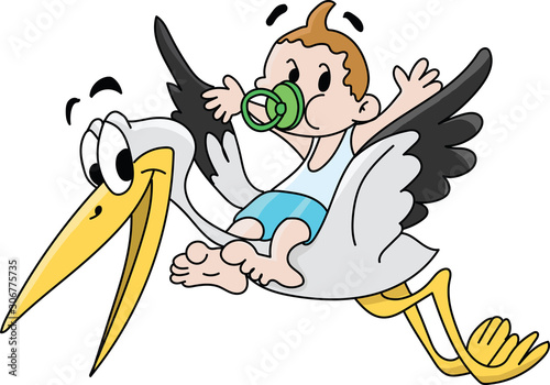 Cartoon stork carrying the newborn baby vector illustration