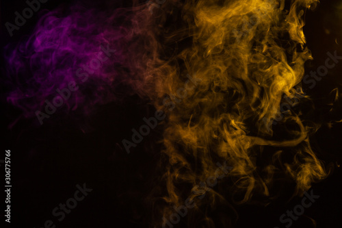 Purple and Yellow whispy smoke overlay on black background with room for text