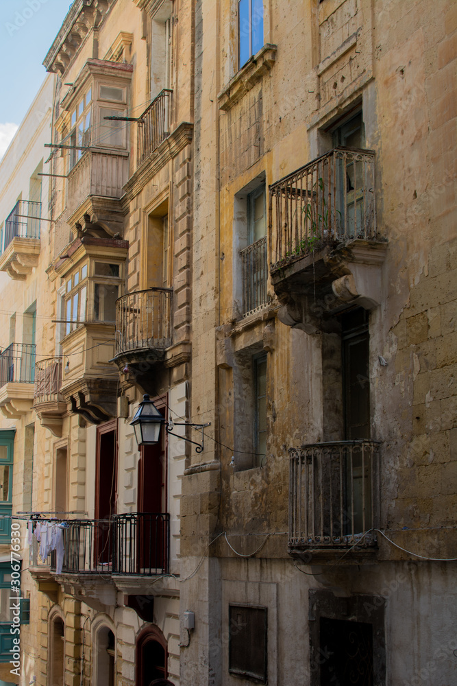 Typical balconies in historical city of Valletta, Malta