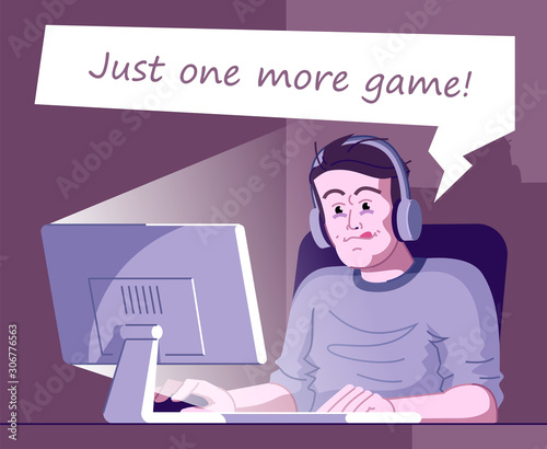 Gaming dependence flat vector illustration. Videogaming addiction. Computer entertainment obsession. Exhausted player with eyebags unable to stop. Gamer playing online game at night cartoon character photo