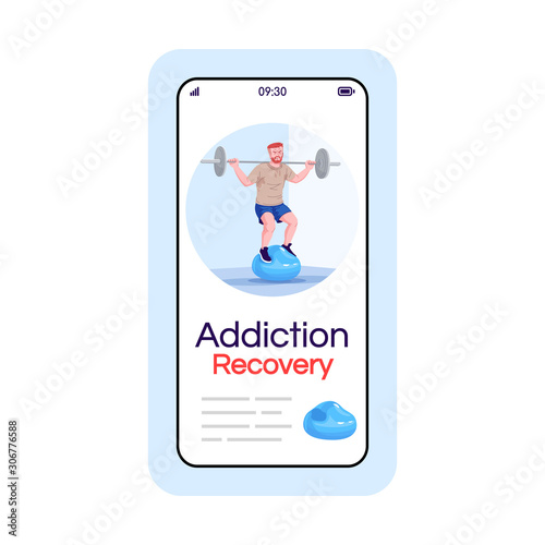 Workout addiction social media post smartphone app screen. Mobile phone display with cartoon character design mockup. Gym addict treatment, obsession recovery application telephone interface