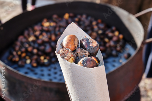 Roasted chestnut in autumn in Barbagia, Belvì, Sardinia, Italy