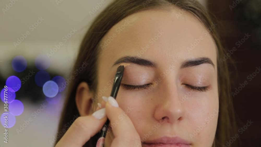 Professional eye makeup. Stylist makeup artist applies makeup to a young woman with a special brush in a beauty salon. Professional eye makeup. Stylist makeup artist applies makeup to a young woman with a special brush in a beauty salon.