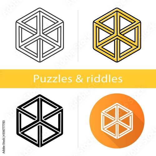 Optical illusion puzzle icon. Paradox. Mental exercise. Ingenuity, intelligence test. Visual brain teaser. Solution finding. Flat design, linear and color styles. Isolated vector illustrations