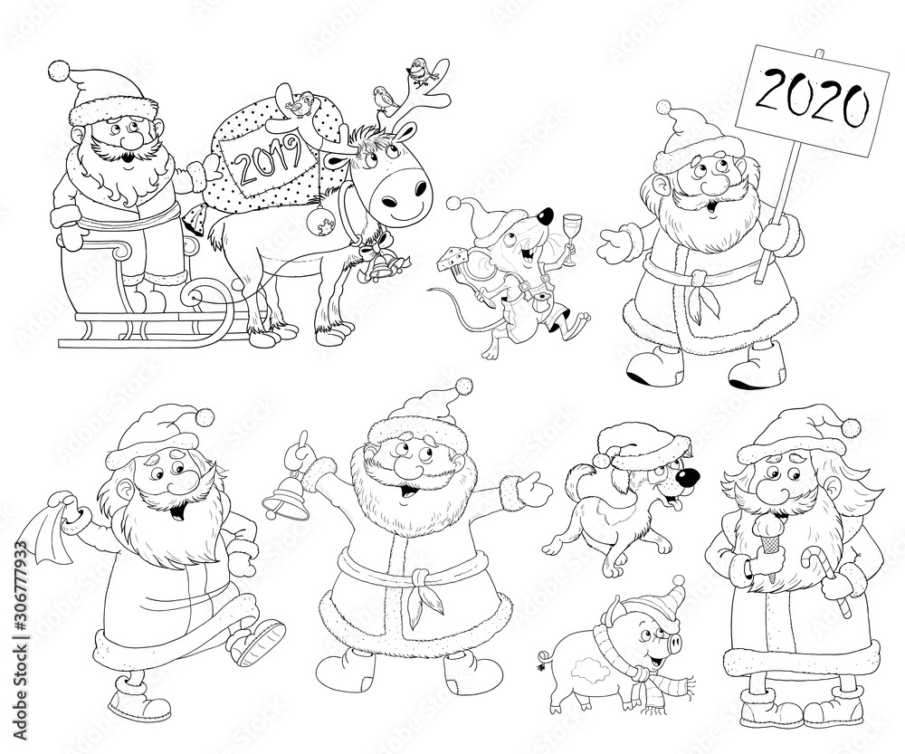 New Year 2020. Christmas. Year of the Rat. Coloring page. Christmas card. Cute and funny cartoon characters. New Year 2020. Christmas. Year of the Rat. Coloring page. Christmas card. Cute and funny cartoon characters.
