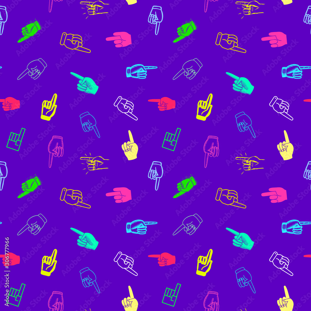 Brigt and colorful seamless pattern with pointing hands showing direction. Brigt and colorful seamless pattern with pointing hands showing direction.