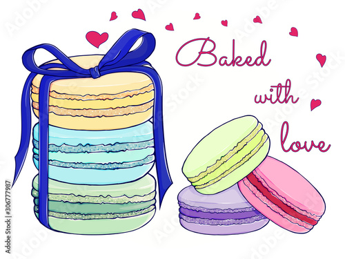 Macaroons tied with a blue ribbon on a white background with hearts, in pastel colors. Valentine day. Sweet delicious dessert food. Isolated vector illustration. Hand drawn sketch. Separate objects.