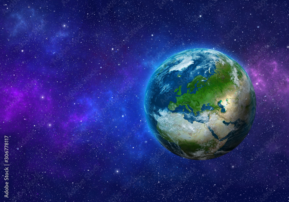 Planet Earth in space. Europe, part of Africa and Asia. Elements of this image furnished by NASA. 3D rendering.