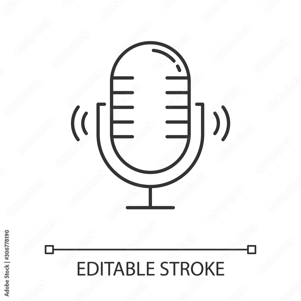 Dynamic microphone linear icon. Mike recording sound. Portable voice recorder. Wireless musical mic. Thin line illustration. Contour symbol. Vector isolated outline drawing. Editable stroke Dynamic microphone linear icon. Mike recording sound. Portable voice recorder. Wireless musical mic. Thin line illustration. Contour symbol. Vector isolated outline drawing. Editable stroke