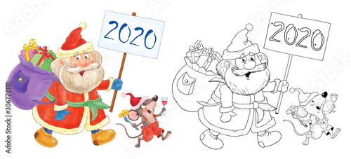 New Year 2020. Christmas. Year of the Rat. Coloring page. Christmas card.  Cute and funny cartoon characters.