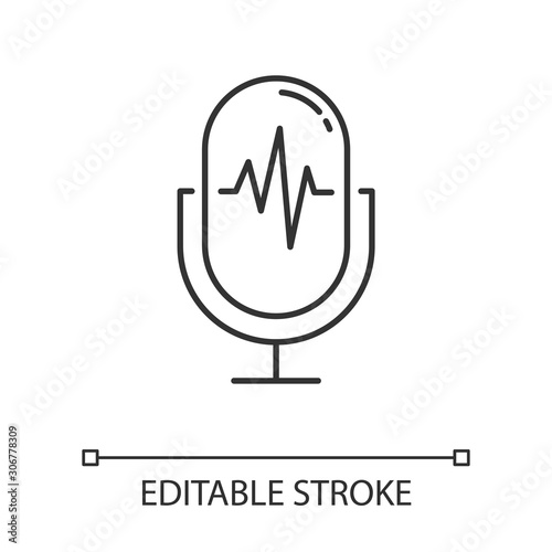 Modern voice recorder linear icon. Microphone idea. Sound recording equipment. Portable mic.Thin line illustration. Contour symbol. Vector isolated outline drawing. Editable stroke