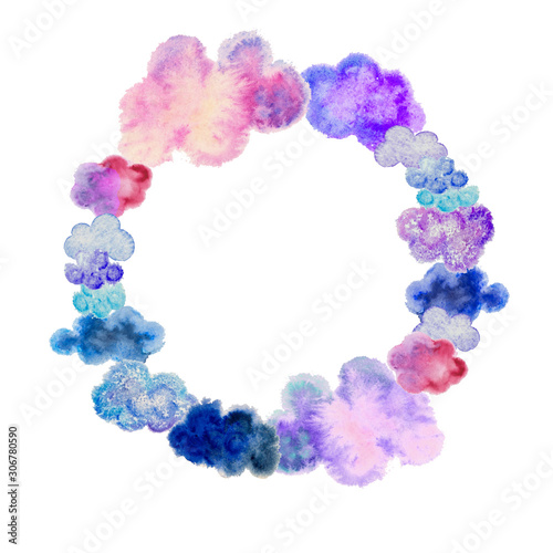 A beautiful hand drawn round frame of watercolor clouds  © Ольга Ким
