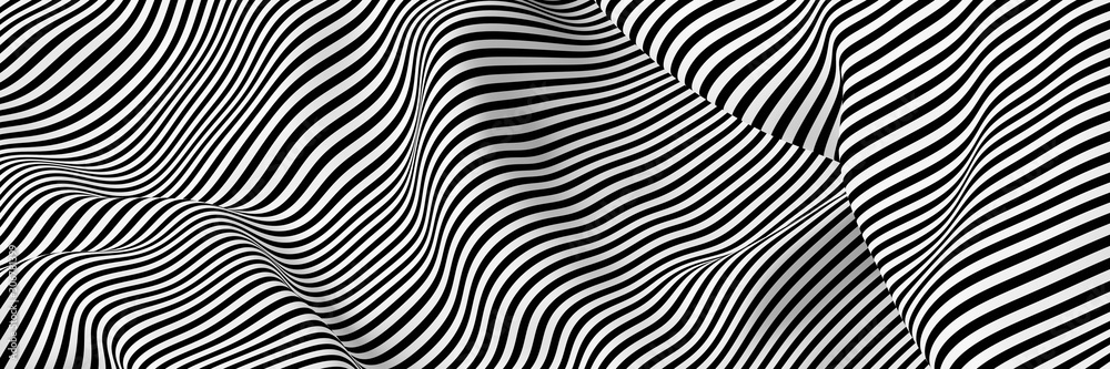 Abstract striped surface, black and white original 3d rendering