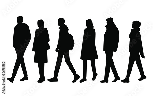 Vector silhouettes of  men and a women, a group of standing and walking business people, black color isolated on white background