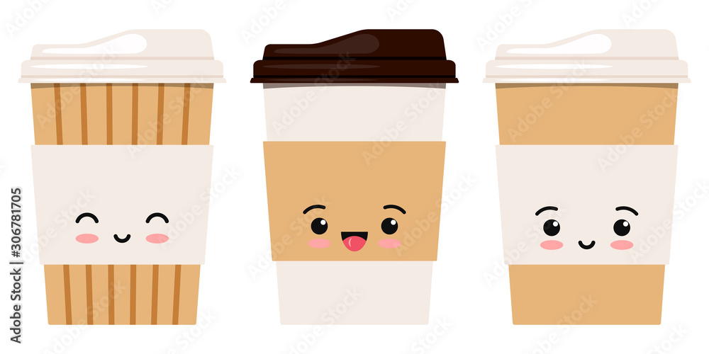 Cute emoji coffee or tea cup with cap icon set, front view, isolated on white background