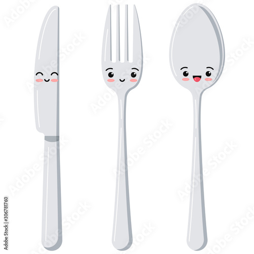 Cute cutlery emoji flat design icon set isolated on white background.