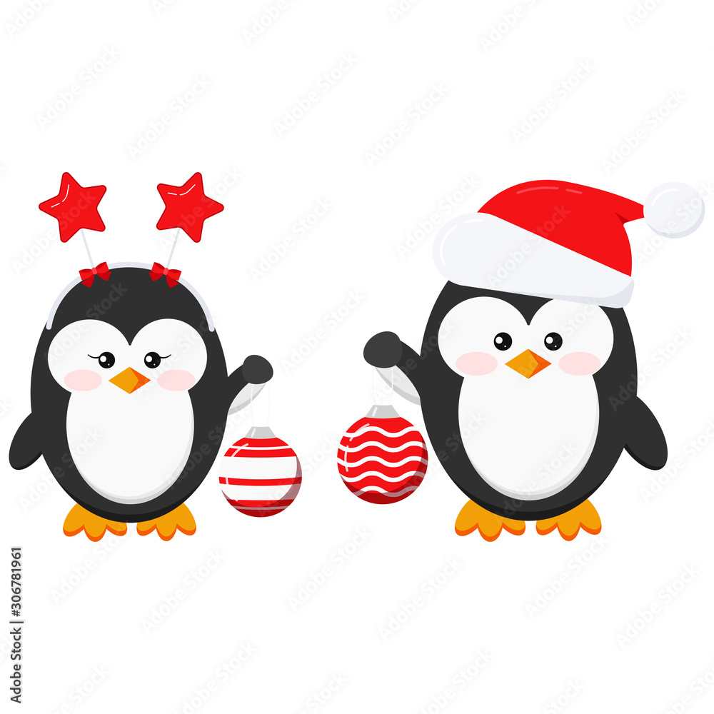 Cute christmas penguin boy and girl couple holds christmas ball isolated on white background Cute christmas penguin boy and girl couple holds christmas ball isolated on white background
