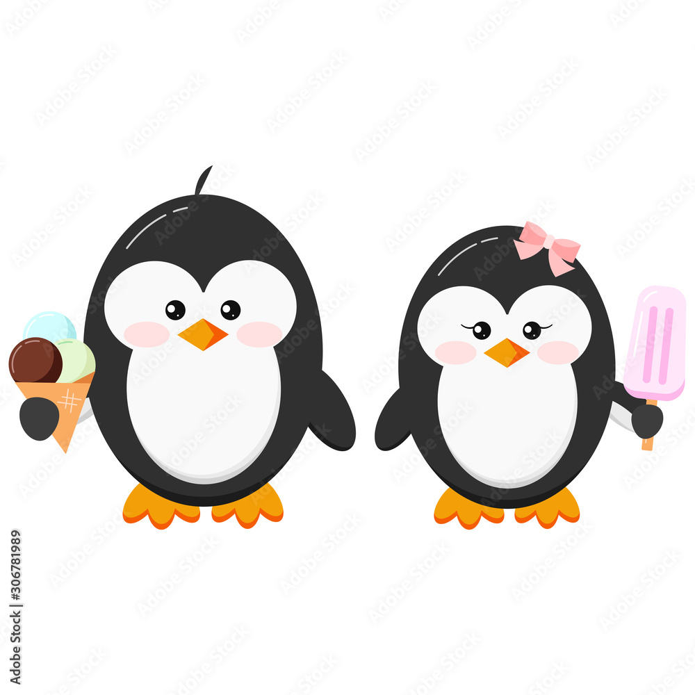 Fototapeta premium Cute penguins with ice cream vector clip art.