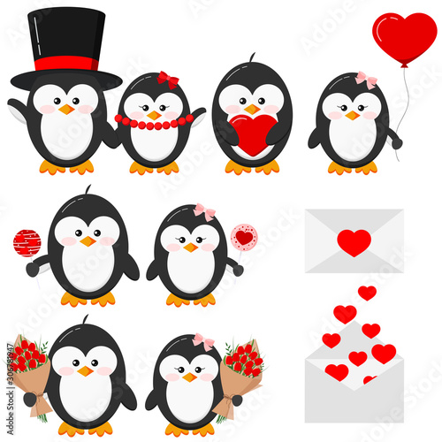 Fototapeta Naklejka Na Ścianę i Meble -  Cute lovely penguin boy and girl couple in love set isolated on white background Valentine s Day vector illustration.