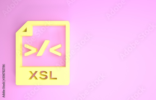 Yellow XSL file document. Download xsl button icon isolated on pink background. Excel file symbol. Minimalism concept. 3d illustration 3D render photo