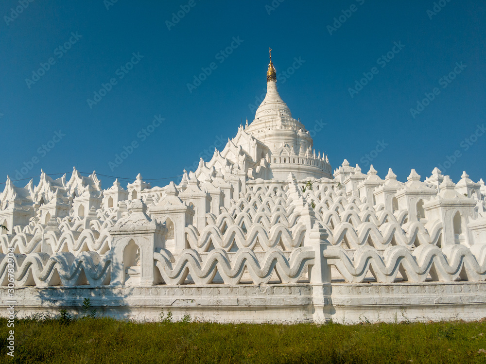 Hsinbyume Pagoda, a whitewashed, circular Buddhist temple in Mingun township near Mandalay in Myanmar (formerly Burma)