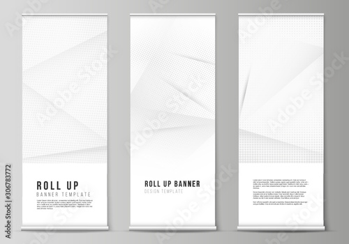Vector layout of roll up mockup design templates for vertical flyers, flags design templates, banner stands, advertising design. Halftone effect decoration with dots. Dotted pop art pattern decoration