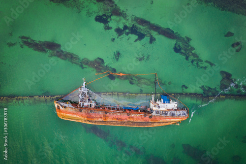 aerial view to flooded oil tanker in water © sergejson