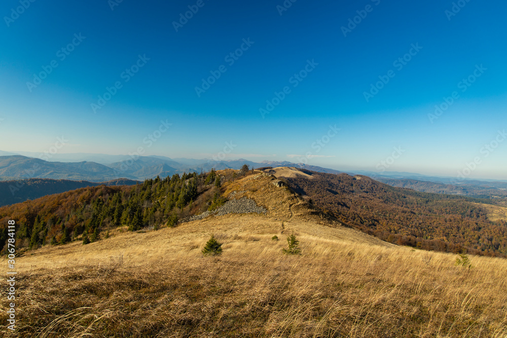 Fototapeta premium highland landscape scenic view photography of Carpathian mountain wilderness moody natural reservation park outdoor wallpaper patter with empty copy space for your text 