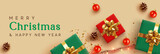 Christmas banner. Background Xmas design of realistic red and green gifts box, golden glitter confetti, bauble ball, light garlands. Horizontal New Year poster, greeting card, headers for website