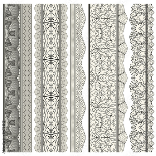 Set of ornamental borders for covers, certificates or diplomas. Seamless borders, dividers and frames in arabesque, vintage style. 
