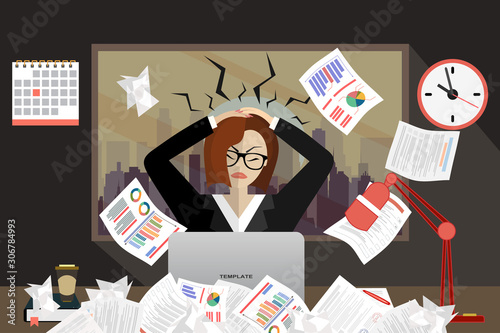 Stress at work concept flat illustration. Stressed out women in suit with glasses, in office at the deskat, at night . Modern design for web banners, web sites, printed materials. Flat vector.