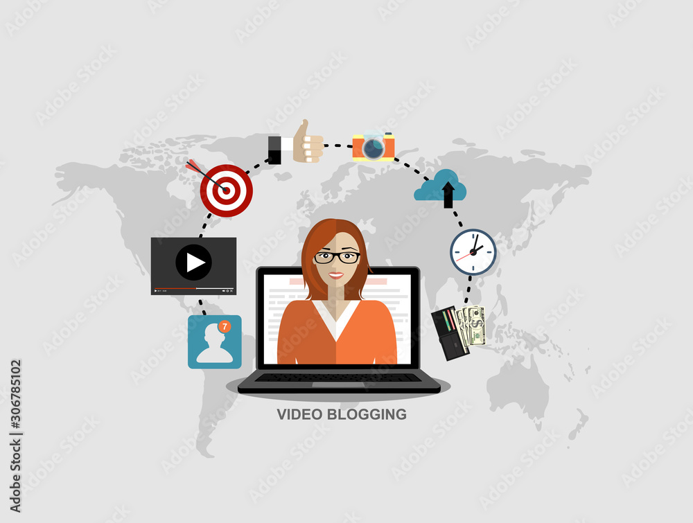 Video blogging concept.Idea of creating videos and vlogs. Illustartion with icons. Creative modern flat vector illustration Video blogging concept.Idea of creating videos and vlogs. Illustartion with icons. Creative modern flat vector illustration