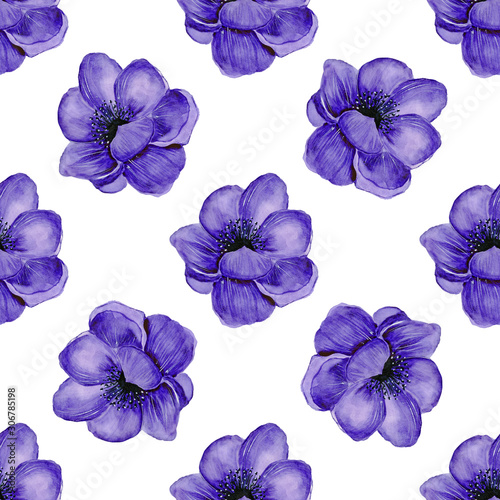 Watercolor seamless pattern with purple   flowers isolated on white background. Hand painted illustration. 