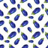 Watercolor seamless pattern with blue eggplant isolated on white background. Hand painted illustration. 