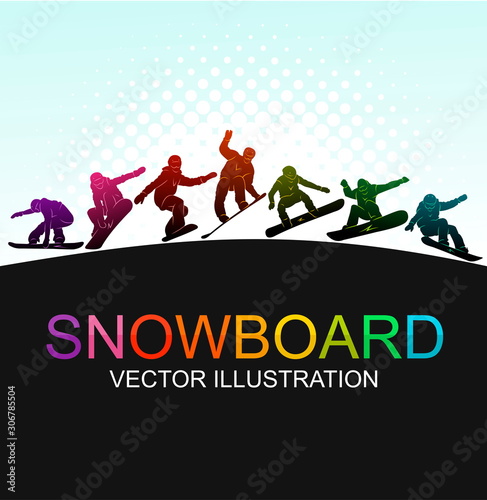 Snowboard, snowboarders, snowboarding extreme winter sport people silhouettes vector illustration, riding a board, tricks